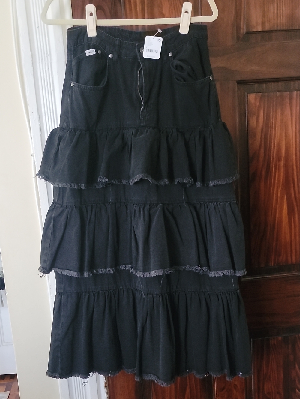Ragged Priest Black Tiered Denim Ruffle Midi Skirt